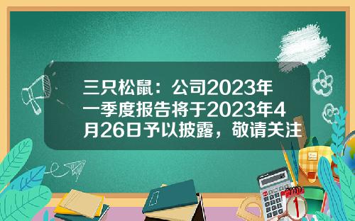 三只松鼠：公司2023年一季度报告将于2023年4月26日予以披露，敬请关注公司后续公告-上市公司第三季度报表