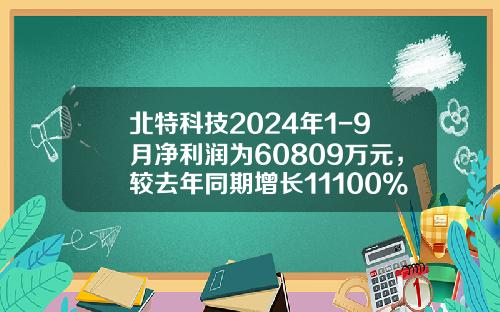北特科技2024年1-9月净利润为60809万元，较去年同期增长11100%