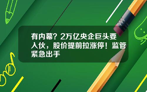 有内幕？2万亿央企巨头要入伙，股价提前拉涨停！监管紧急出手